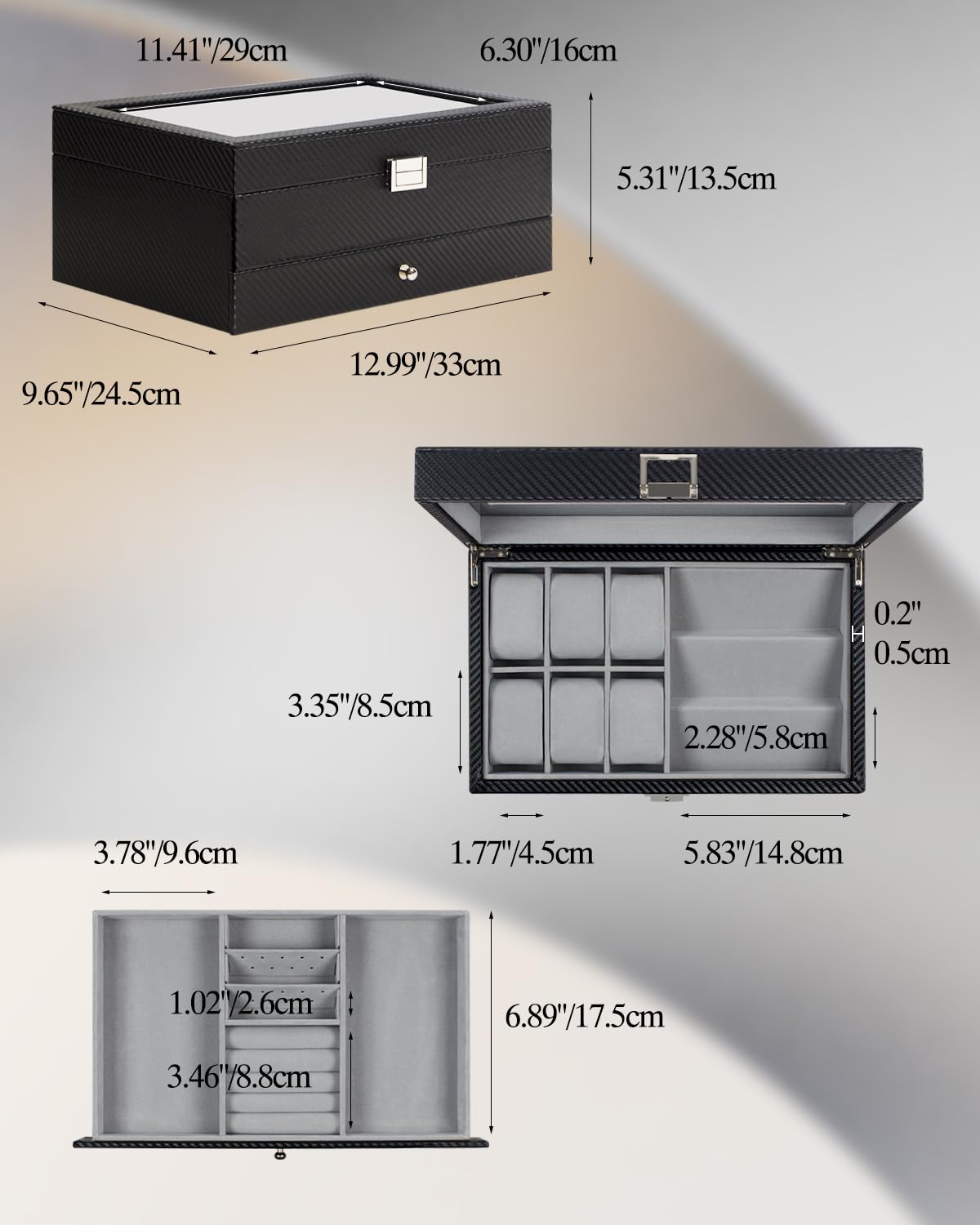 Caja para relojes, estuche para relojes de 6 ranuras, organizador de gafas de 3 compartimentos, joyero para hombre con tapa de cristal transparente, doble capa con cerradura de llave, regalo, negro-