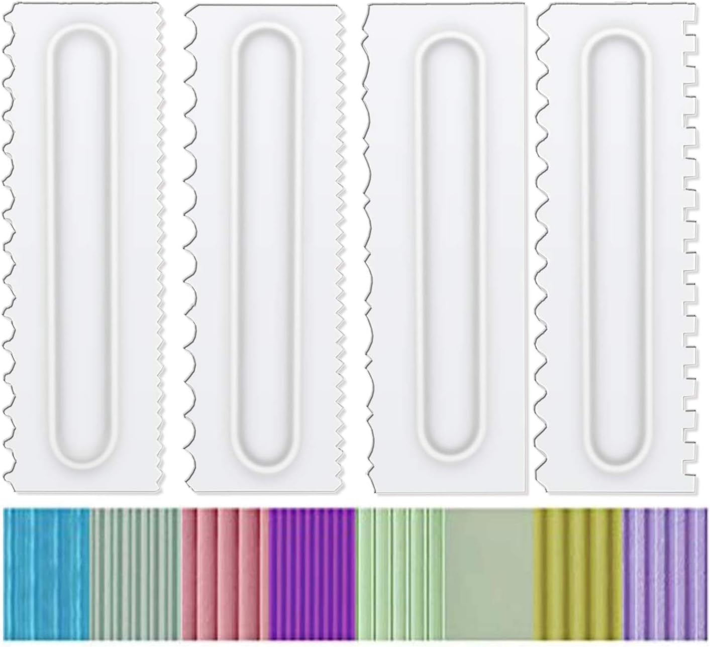 Decorating Comb and Icing Smoother Set of 4 Pack Decorating Mousse Butter Cream Cake Edge Tools, Plastic Sawtooth Cake Scraper Polisher 8 Design Textures-White
