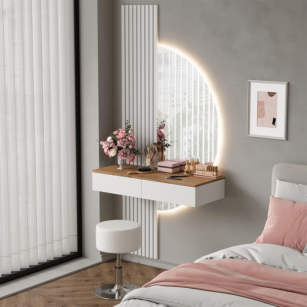 Vicco Tavolo da toeletta Melina, Bianco/quercia, 100 cm con specchio LED e sgabello, Perfetto per una routine di bellezza organizzata