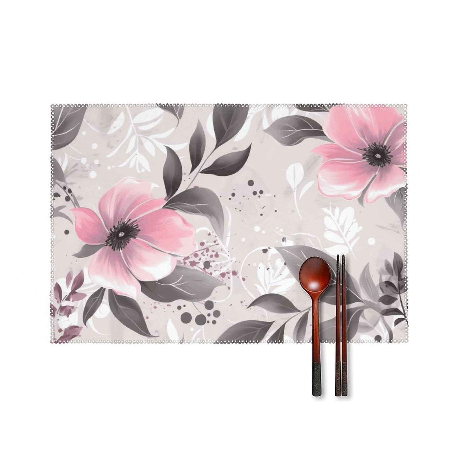 Pink Flowers and Leaves on Gray Placemats Set of 6, 12x18 Inch Heat Resistant Washable Canvas Table Mats, Stain Resistant Decorative Dining Placemats for Kitchen, Restaurant, Outdoor Party