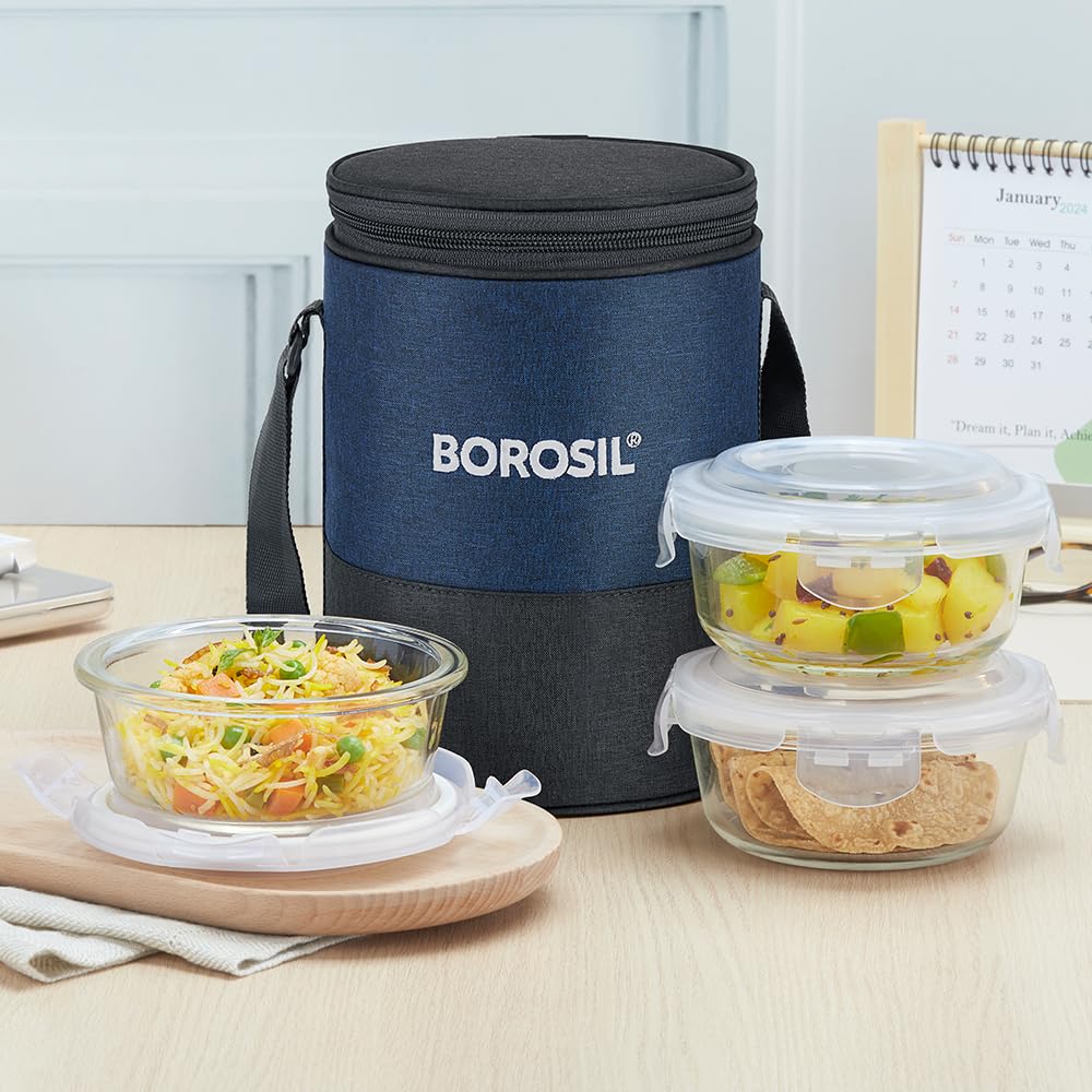 Borosil Elite Lunchbox 400ml x 3 Round Glass Set