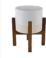 Vista 1 de Flora Bunda Maceta de cerámica Mid Century de 8 pulgadas, maceta grande de dos tonos en soporte de madera, color blanco