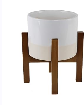 Flora Bunda Mid Century 8 Inch Ceramic Planter Large Two Tone Pot on Wood Stand, White