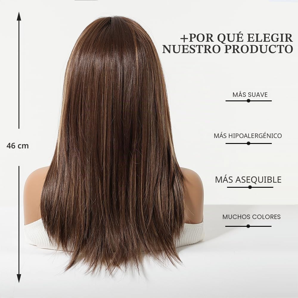 Esmee Pelucas Largo Liso Marrón con Mechas para Mujeres Pelo Sintético Natural Peluca para Uso Diario y de Fiesta