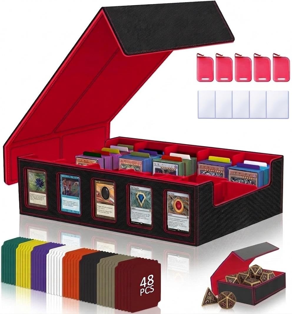 CyperEver Trading Card Storage Box MTG Deck Box TCG Card Case 5-Row Card Storage Box for Graded Card Storage, Fits 3900+ Cards 5 Toploaders 5 Stoppers 48 Dividers 1 Dice Tray (5-Row, Red) — image 1