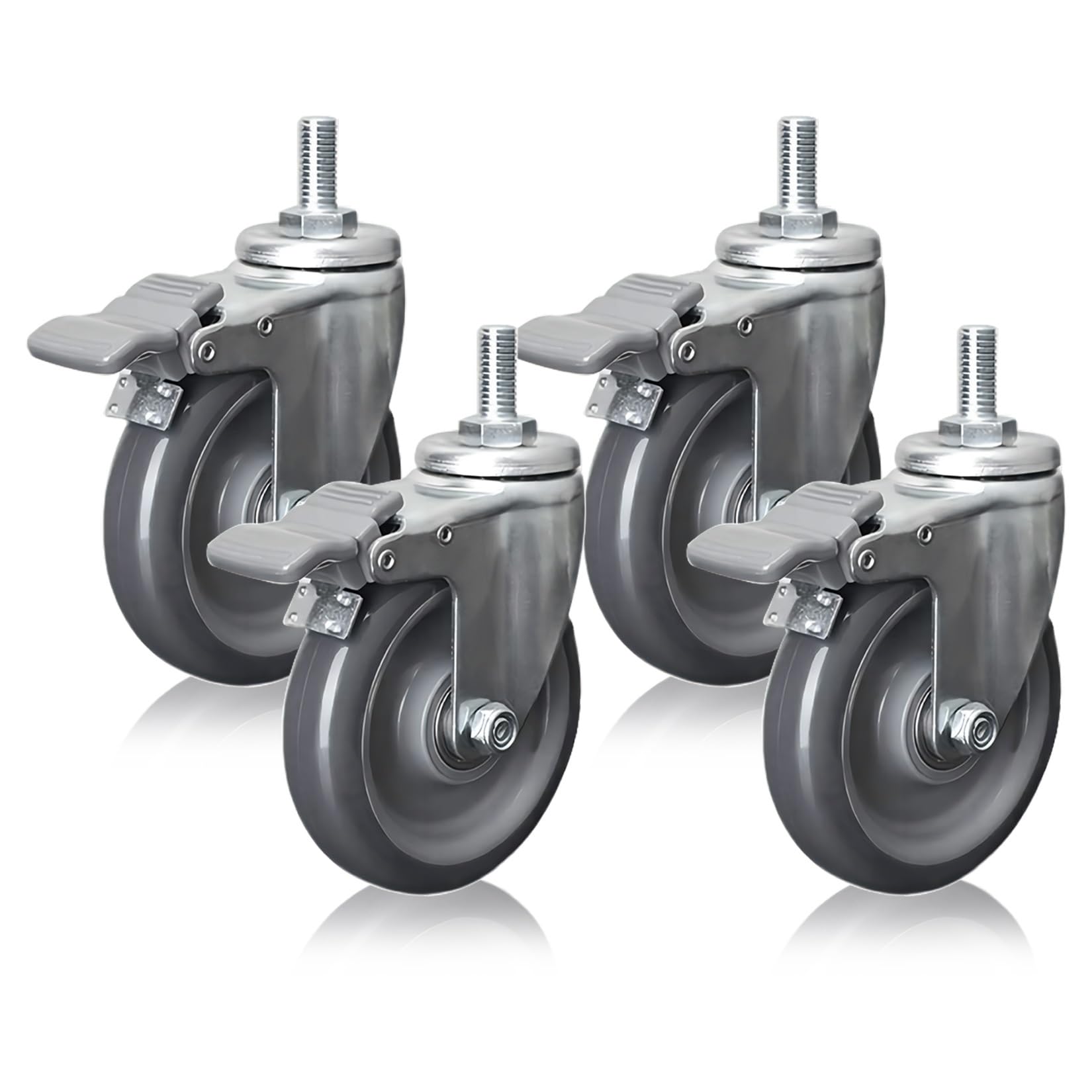 Roulette Pivotante À Tige Filetée M12 Lot De 4, 63 75 100mm Roues Silencieuses En Polyuréthane, Roulettes De Transport Industriel Avec Frein, Pour Chariot À Main, Tables De Travail, Meuble(Brake,100mm
