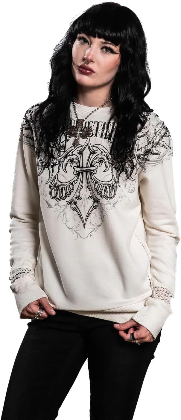 Affliction Women's Gothic 2FER T-Shirt with Mesh Sleeves, Black, Ornate Silver Print Design, Long Sleeve