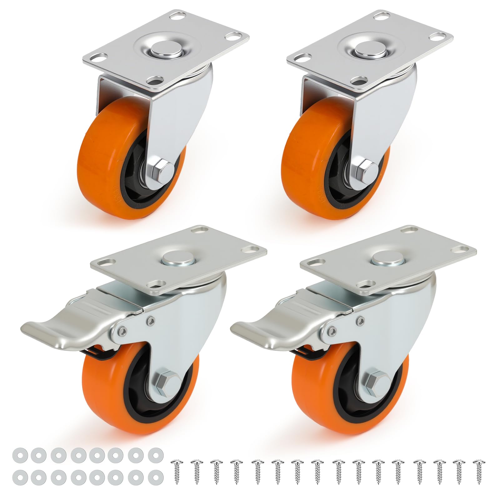 Nfbcxutkw 2 Swivel + 2 Locking Casters 3 Inch Heavy Duty Casters Set Of 4, 2 Swivel + 2 Locking, Orange Pu