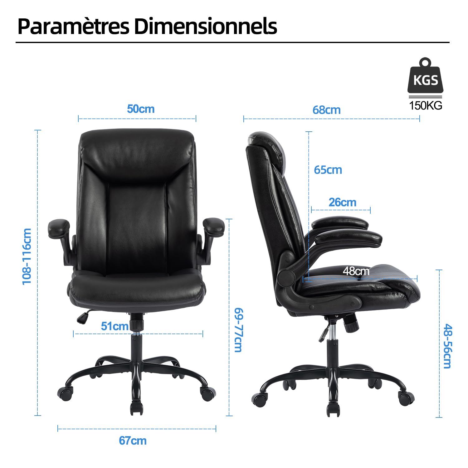 MZLEE Chaise de Bureau Ergonomique en Cuir, Fauteuil Confortable, Noir | Accoudoirs Relevables, Support Lombaire, Hauteur Réglable