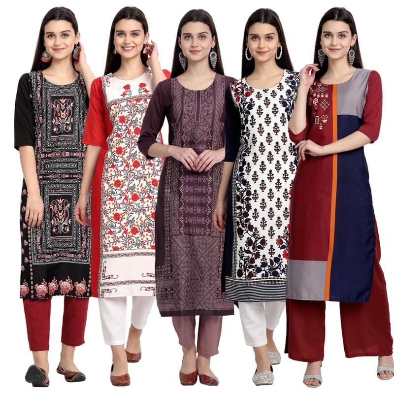 Pinkmint Women's Crepe Kurti For Women's Ll Traditional Kurti For Women Ll The Ultimate Kurti Collection (Pack Of 5)