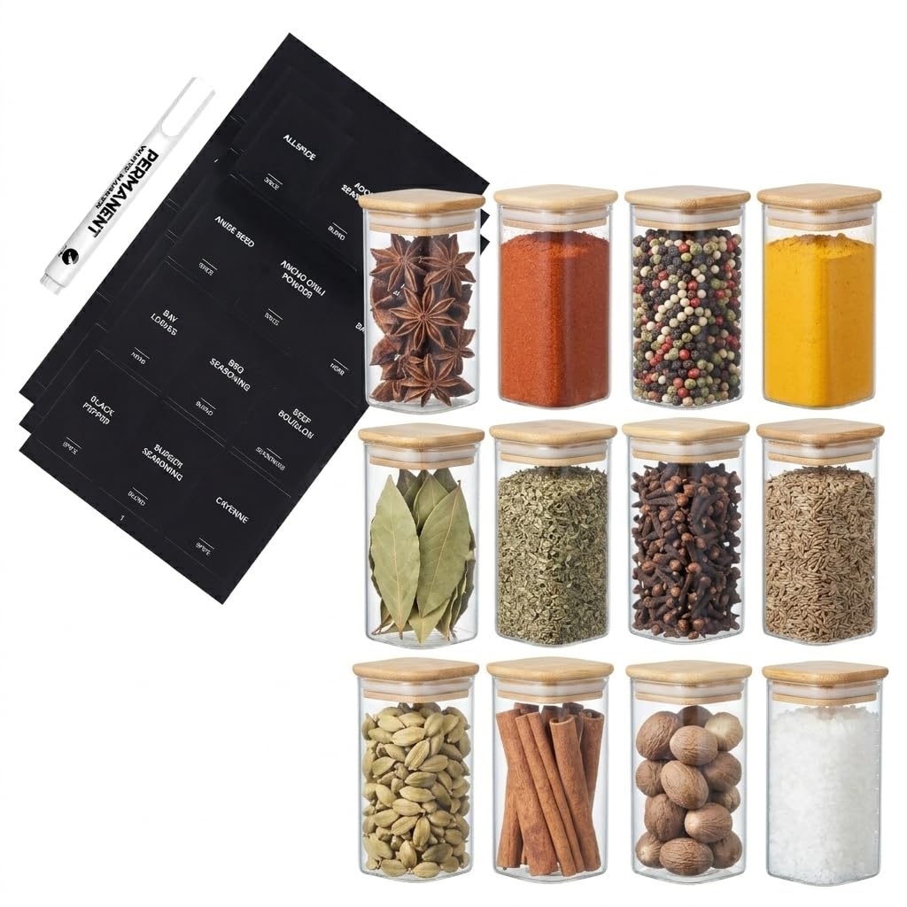 Eden & Willow 12 Pcs Glass Spice Jars with Bamboo Lids 300ml, Square Spice Containers with Black Labels, Stackable Clear Borosilicate Glass Jars for Herbs, Seasonings, Seeds & Pantry Organisation