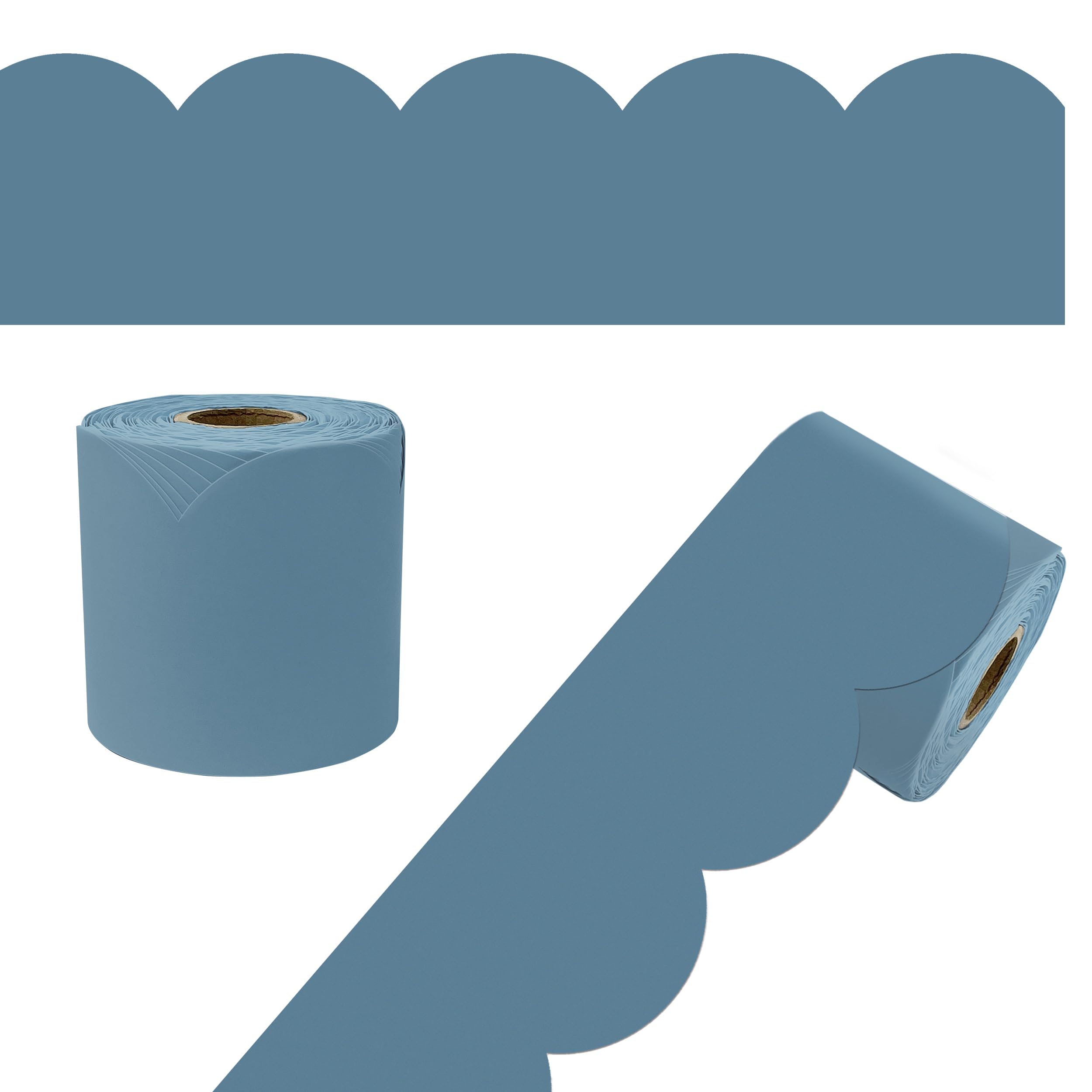 Carson Dellosa 65Ft of Stone Blue Bulletin Board Borders, 1 Roll of Scalloped Trim for Rolling Whiteboard, Cork and Posterboard, Party, Office