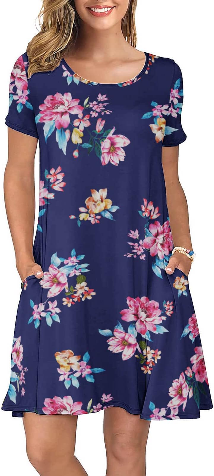 Summer Women's Dress Casual T-Shirt Short Sleeve Dresses Swing Flowy Beach Vacation WORKSundress with Pockets