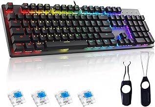 PC Gaming Keyboards RGB Backlit Mechanical Keyboard ABS keycap Programmable Macro Detachable USB Wired Keyboard for Windows PC（104 Keys Blue Switch