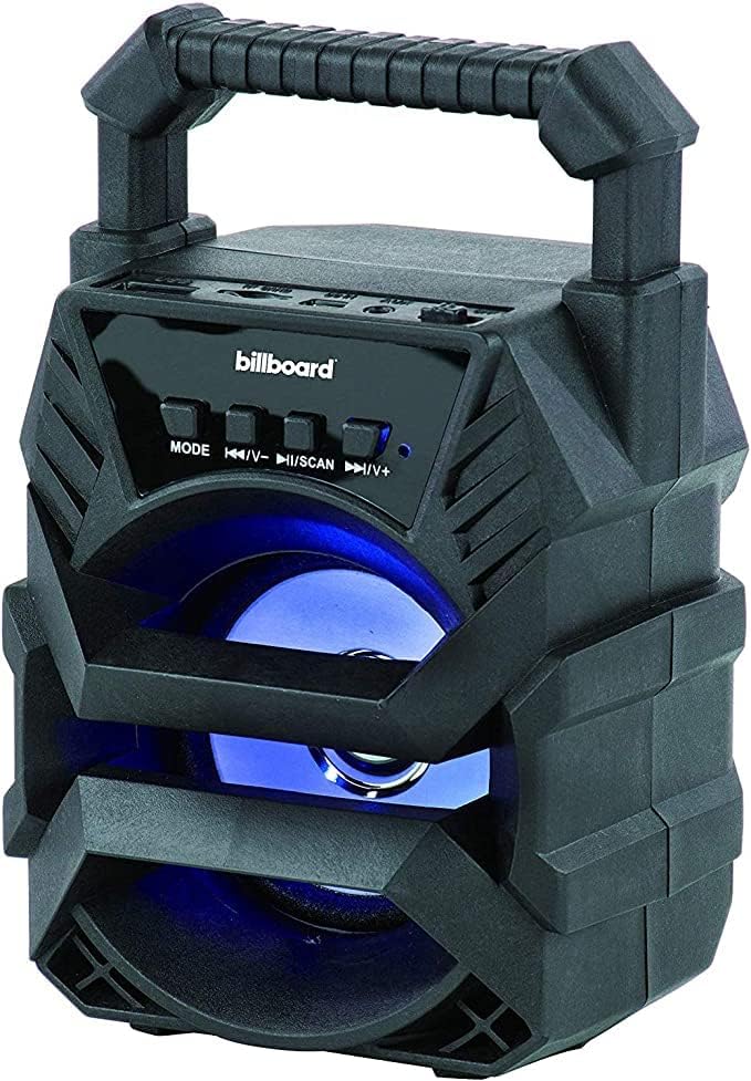 Angled view of Billboard BB2728 Portable Bluetooth Speaker showing handle and ports