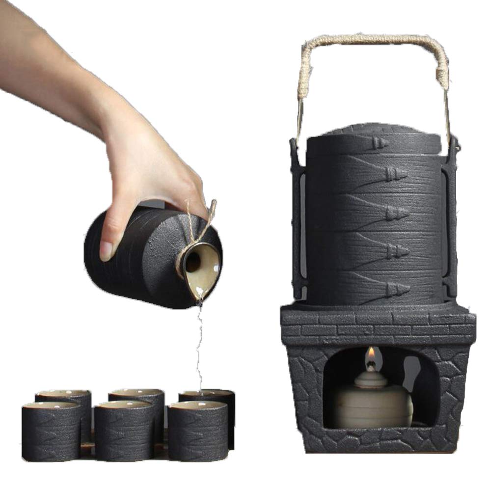 Kimmyer 9-Piece Sake Set, Japanese Ceramic Black Glaze Sake Set with Warmer Pot and Candle Stove, for Cold/Warm/Shochu/Tea, Best Gift for Family and Friends