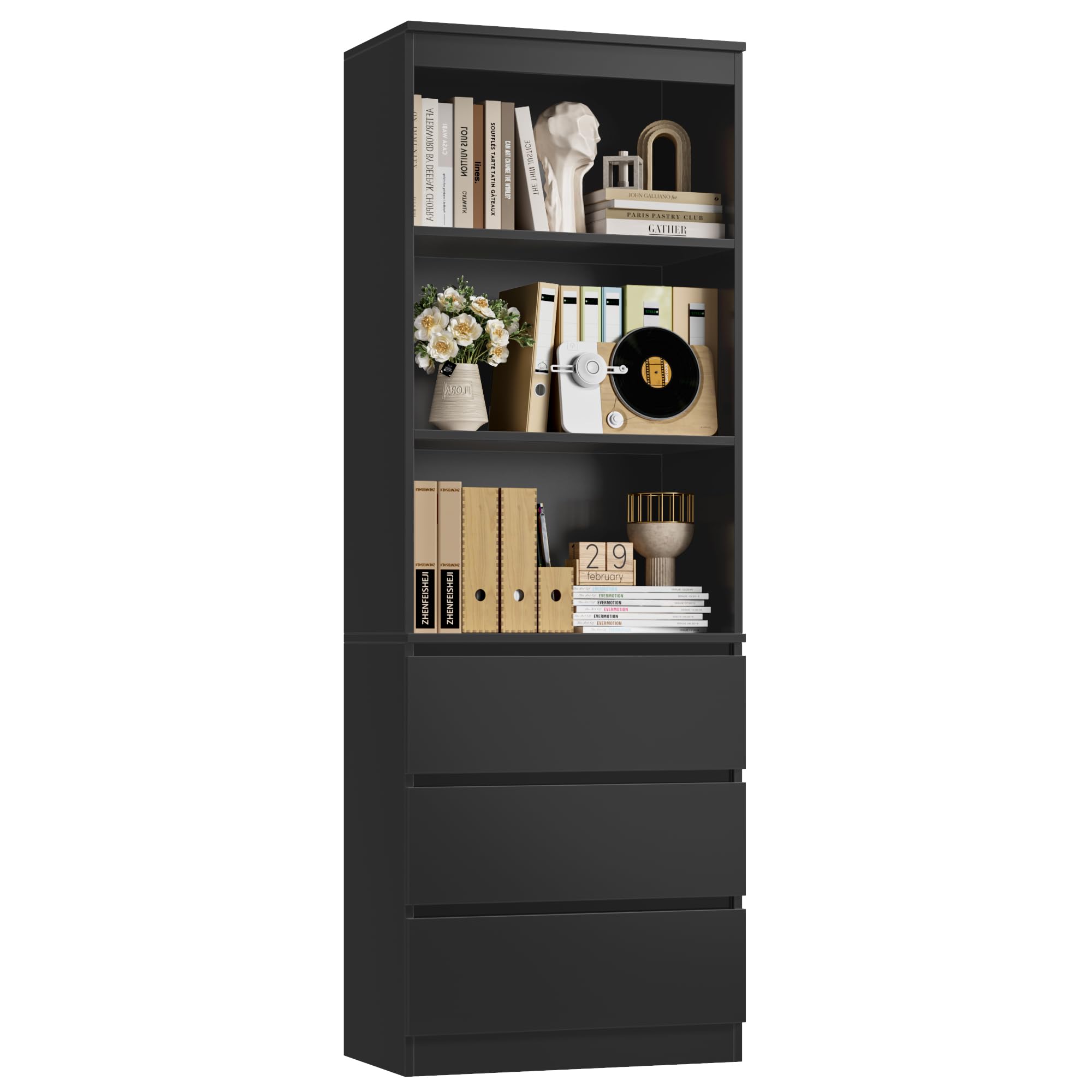 FirFurd Bücherregal mit 3 Schubladen 3 Fächern 180 cm Bücherschrank Vitrinenschrank Büroschrank Hochschrank Mehrzweckschrank für Wohnzimmer Büro Küche 60 x 35 x 180 cm Schwarz