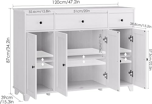 Miniatura 3 de HIFIT Aparadores y bufés de estilo rústico con 3 cajones de almacenamiento y 4 puertas estantes ajustables armario rústico de barra de café de 47