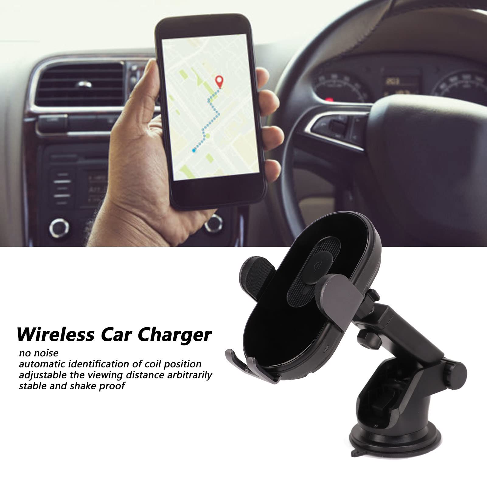 Cargador de Coche inalámbrico y Soporte de teléfono de alimentación rápida de 15 W Apto para 12 13, Base de identificación de Bobina automática Negra Estable, Soporte de teléfono