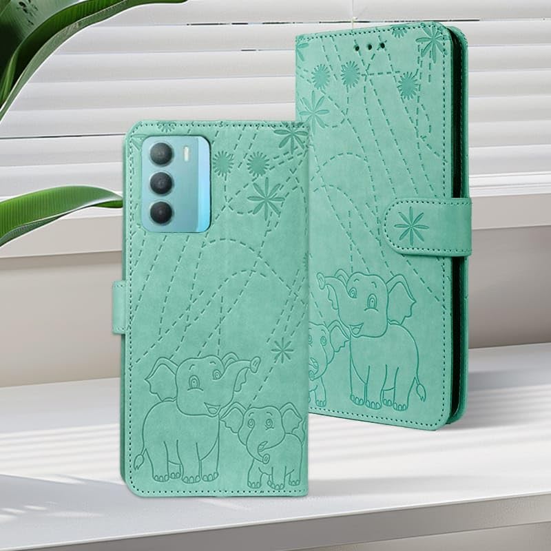 Image of amazon basics Realme Narzo 80 Pro 5G Flip Cover | Card Pockets Wallet & Stand | Flip Cover for Realme Narzo 80 Pro 5G (Green Elephant)