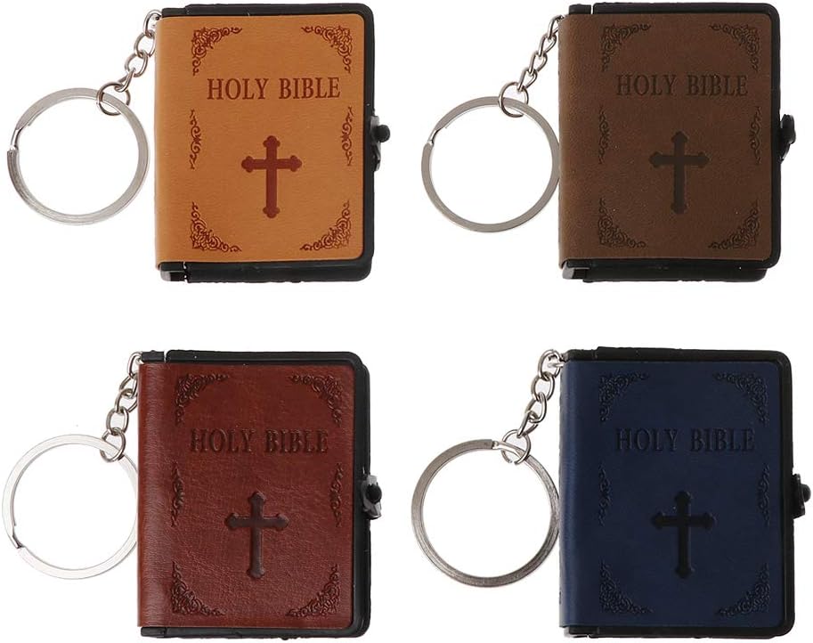 Balain Miniature Leather Holy Bible Book Key Ring, Spiritual Christian Jesus Keychain, Random Color (English (Random Color))