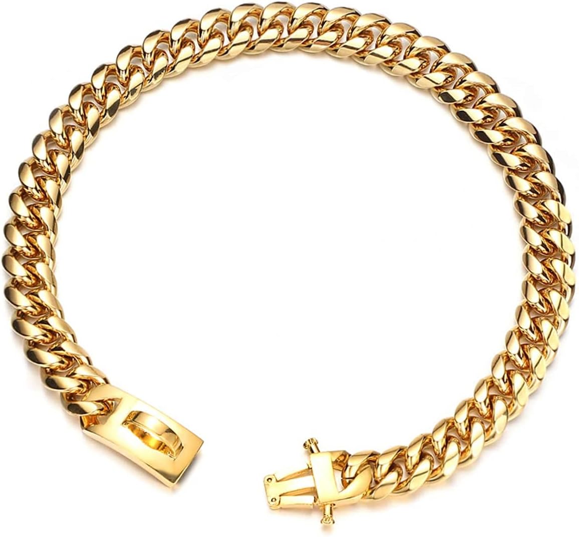 Aiyidi Heavy Duty Dog Chain Collar Stainless Steel 14mm 18K Gold Cuban Link Training Walking Metal Choke Dog Collar Suitable for Small…