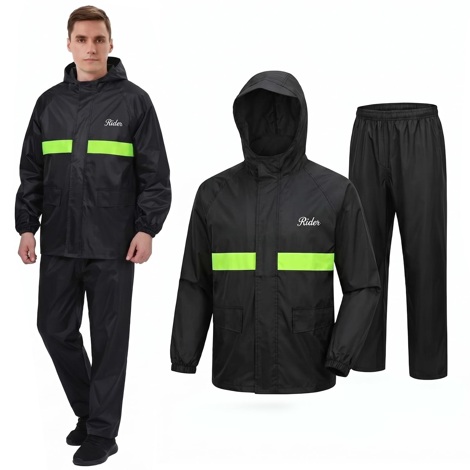 Pivalo Raincoat with Reflective Strip Hooded and Adjustable Waterproof Poncho Rainwear Reversible Men & Women Polyester Reusable Rainsuit for Adult Bike Riders Camping (Set of 1, Black)-image-23