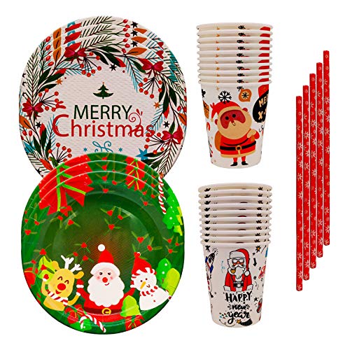 60 Vajilla Desechable de Navidad Para Banda 20 Platos de Papel 20 Vasos de Papel 20 Pajitas Para Fiestas de Cumpleaños y Bodas Para 20 Personas