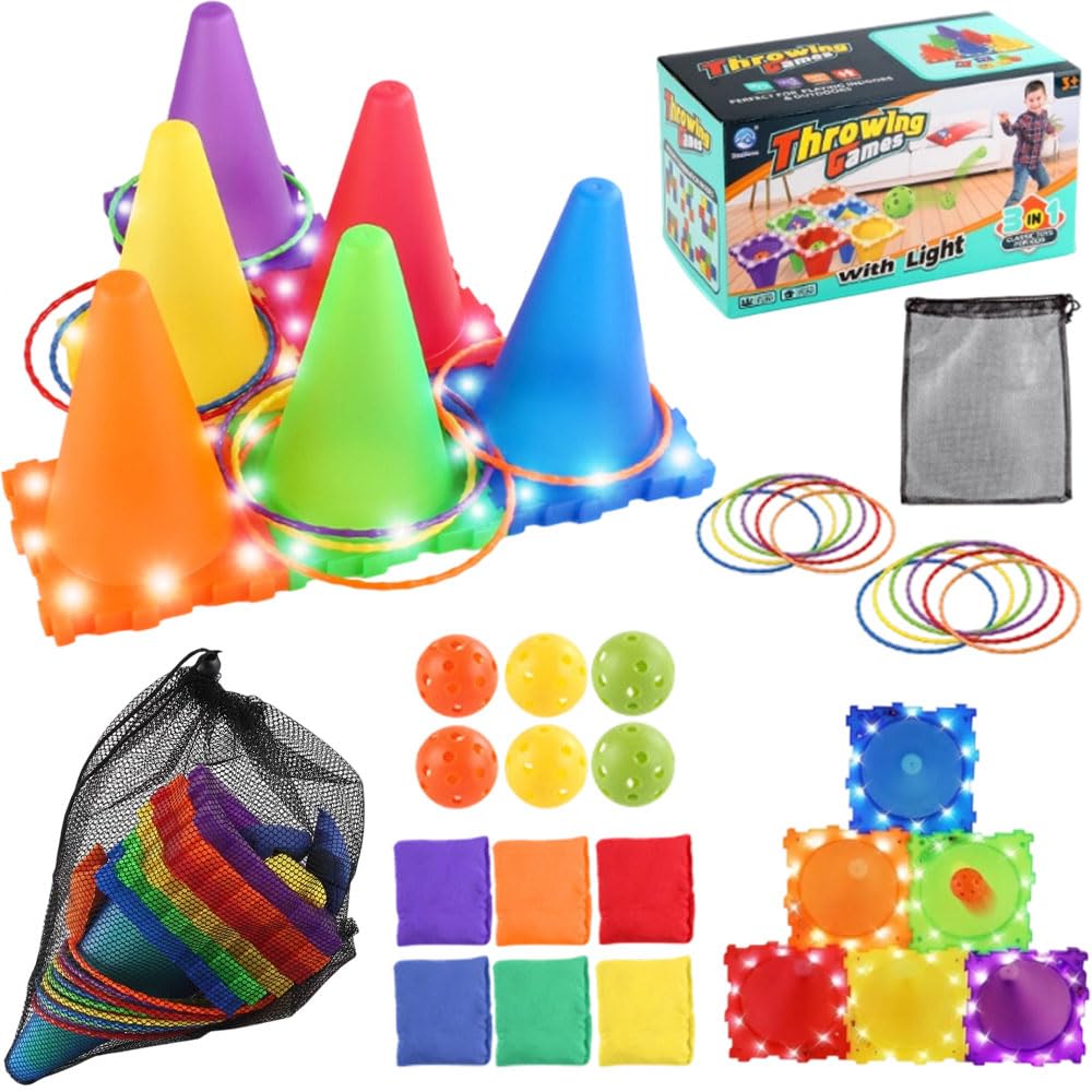 Jonuin Sports Day Kit, 31 PCS Carnival Games Set with LED Cones, Balls, Rings & Bean Bags, 4 in 1 Obstacle Course with Ring Toss, Bean Bag Throwing & Ball Toss Game for Garden, Lawn, Backyard, Party