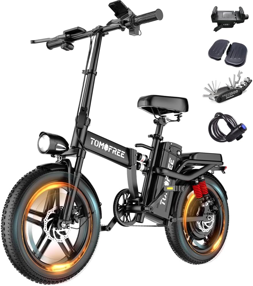 Tomofree 1500W Folding Electric Bike, 48V 20AH Large Removable Battery E Bike, 30MPH, 40 Miles Max Range, 16" Fat Tire Electric Bike for Adults, Adult Electric Bicycles for Commute, Two Seater Ebike