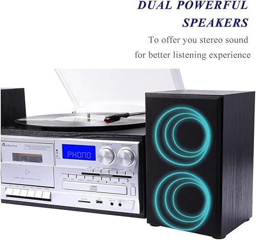 Vista 5 de Reproductor de discos de vinilo Bluetooth, tocadiscos LP de 3 velocidades todo en 1 con altavoces estéreo externos, reproductor de CD, casete, radio