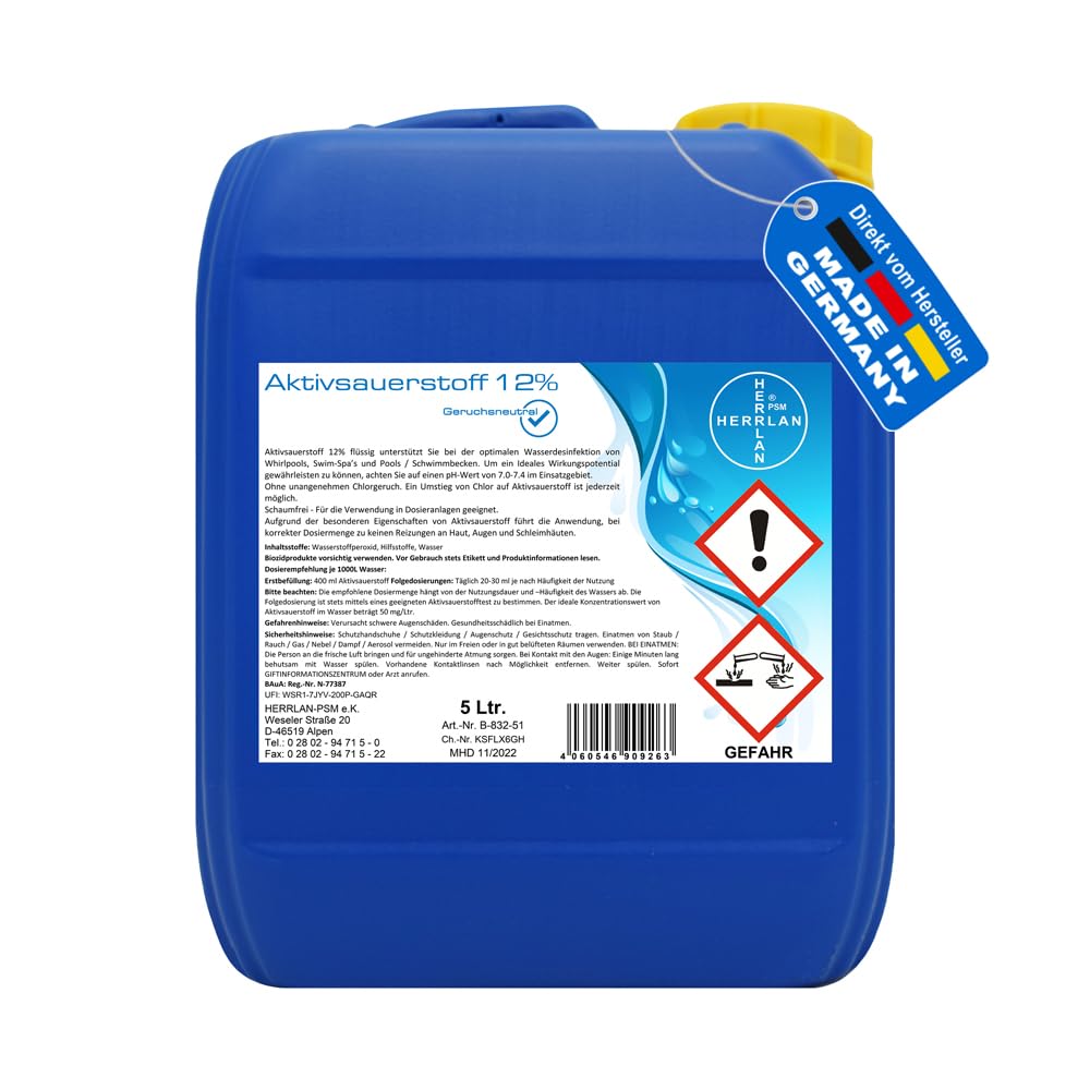 HERRLAN® Aktivsauerstoff 12% – 5 Liter Kanister- Stabilisiert - Food Grade Qualität - Wasserpflege & Desinfektion - Chlorersatz - Klarwasser-Effekt - Made in Germany
