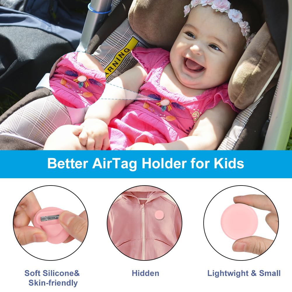 AXFEE 2PCS Hidden Air-Tag Case for Kids, Air-tag Holder with Safety Pins, Anti-Removal Sicoilne case, Compatible with Apple air-tag for Kids Adult Pets Backpack Inside Clothes, White, Pink — view 3