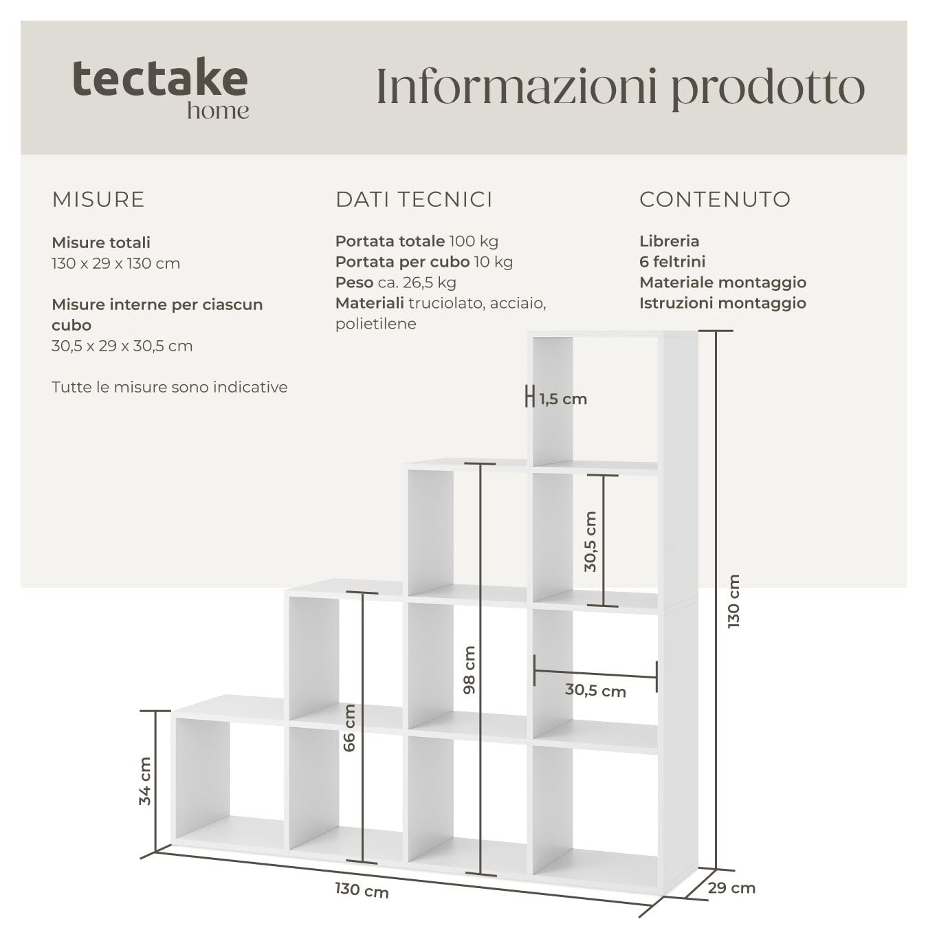 tectake® Libreria Moderna con 10 Scomparti, 130x130x29 cm, Design a Cubo, Protezione Ribaltamento, Libreria Scaffale, 10 Scaffali, Antiscivolo, Soggiorno, Ufficio, Cameretta - Bianco