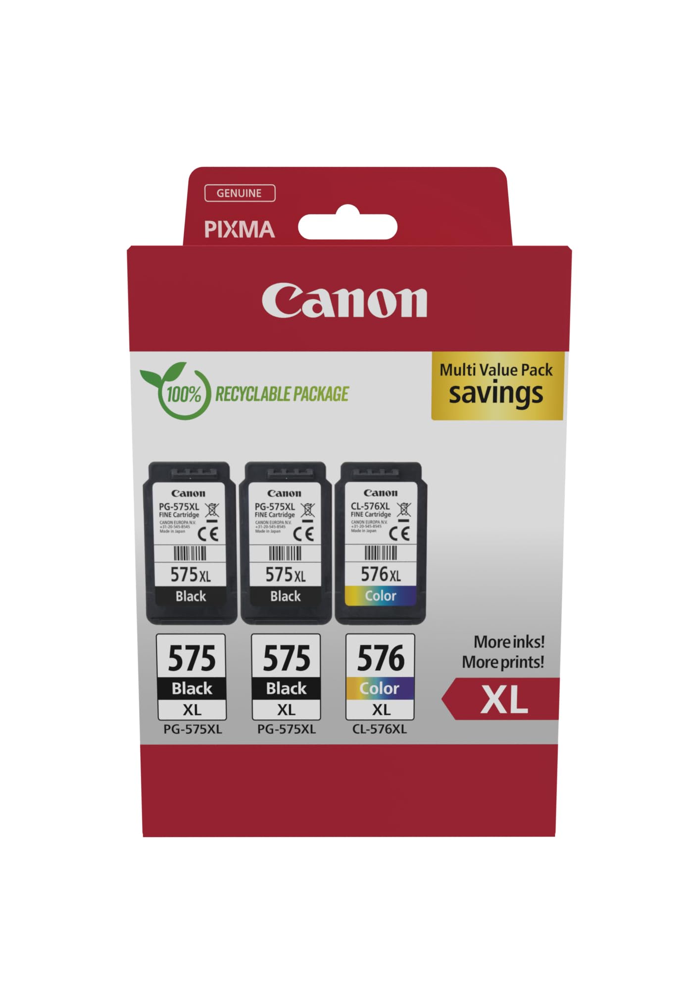 Canon PG-575XL x 2 / CL-576XL High Yield Genuine Ink Cartridges, Pack of 3 (2 x