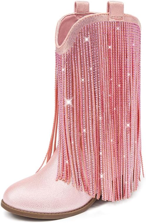 Rhinestone Fringe Cowgirl Boots for Girls Mid Calf Pointed Toe Cowboy Boots for Toddler Little Big Kids Party Country