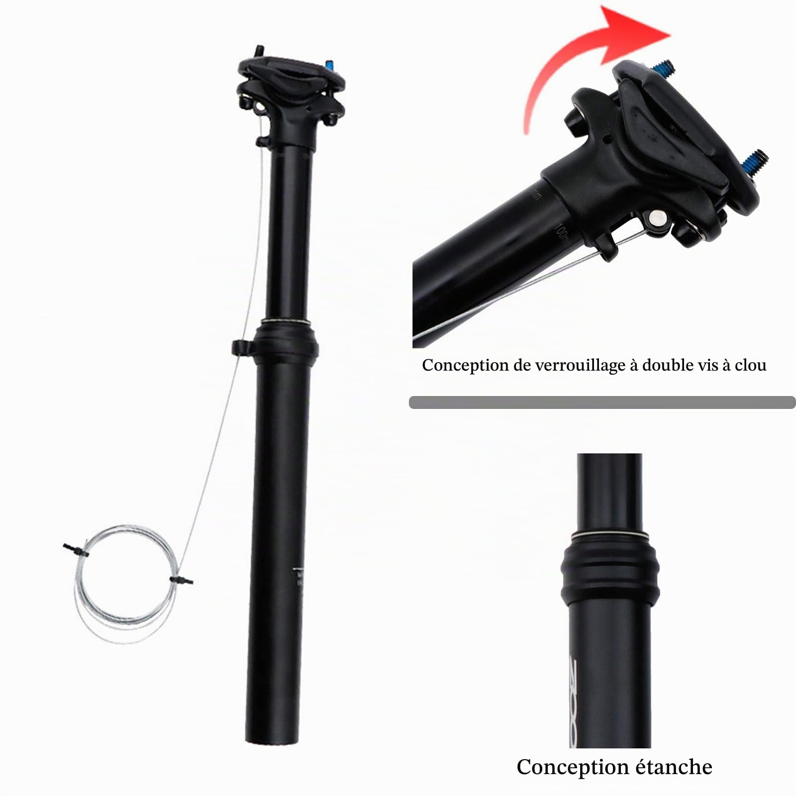 Tige De Selle de Vélo de Montagne Tige de Selle Télescopique En Alliage D'aluminium Réglable de 100 mm de Hauteur avec Acheminement de Câble Externe et Système Hydraulique, 30,9 / 31,6 X375mm,30.9