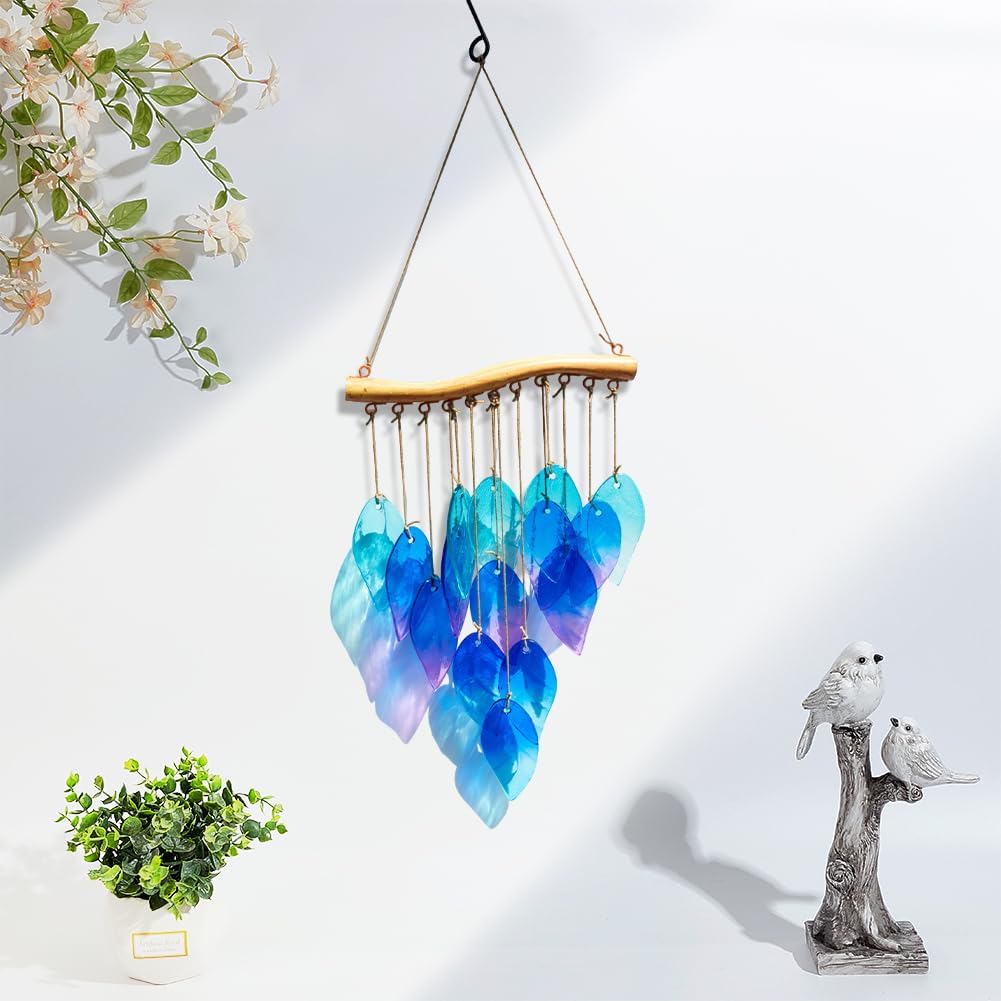 PH PandaHall Leaf Shape Glass Wind Chimes for Outside, Blue Green Feather Windchimes Soothing Sound Chimes Garden Window Decor for Housewarming Birthday Christmas Decoration, 1pc
