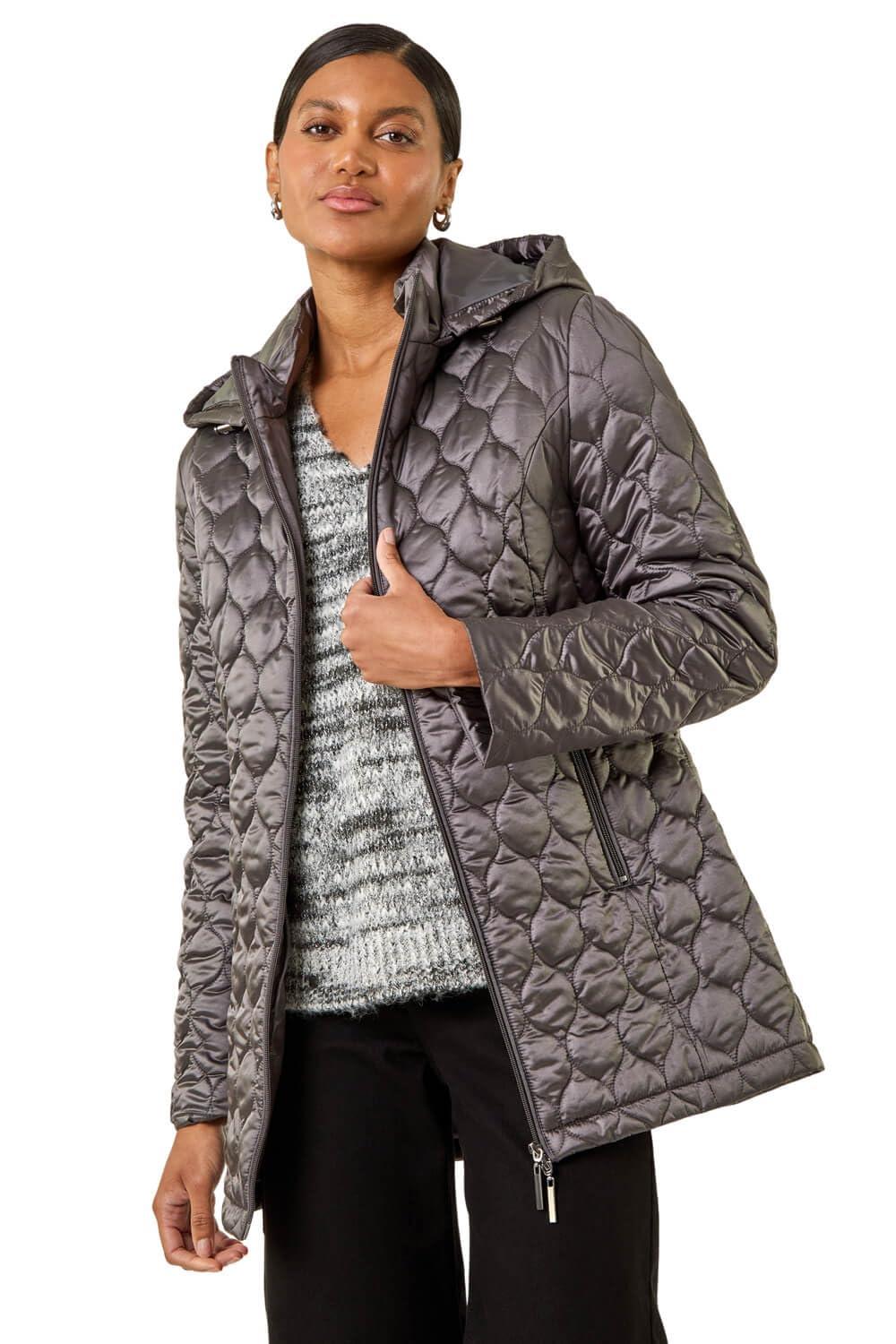 Roman Women's Grey Hooded Quilted Puffer Coat