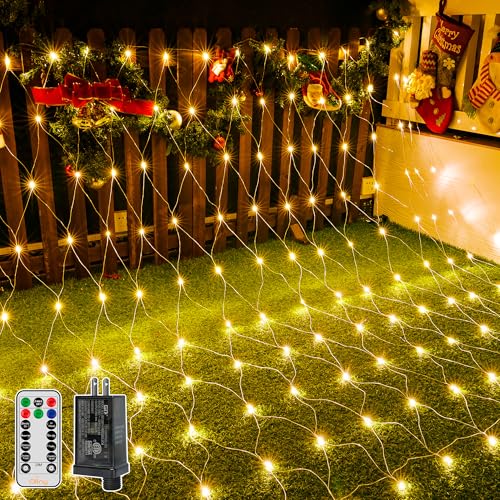 Ollny Net Lights Outdoor Mesh Light 10x7ft, 210LED Clear Wire Connectable Christmas Net Lights with 8 Modes, IP67 Waterproof Bush Light for Tree Wall Ceiling Outside Decorations, Warm White