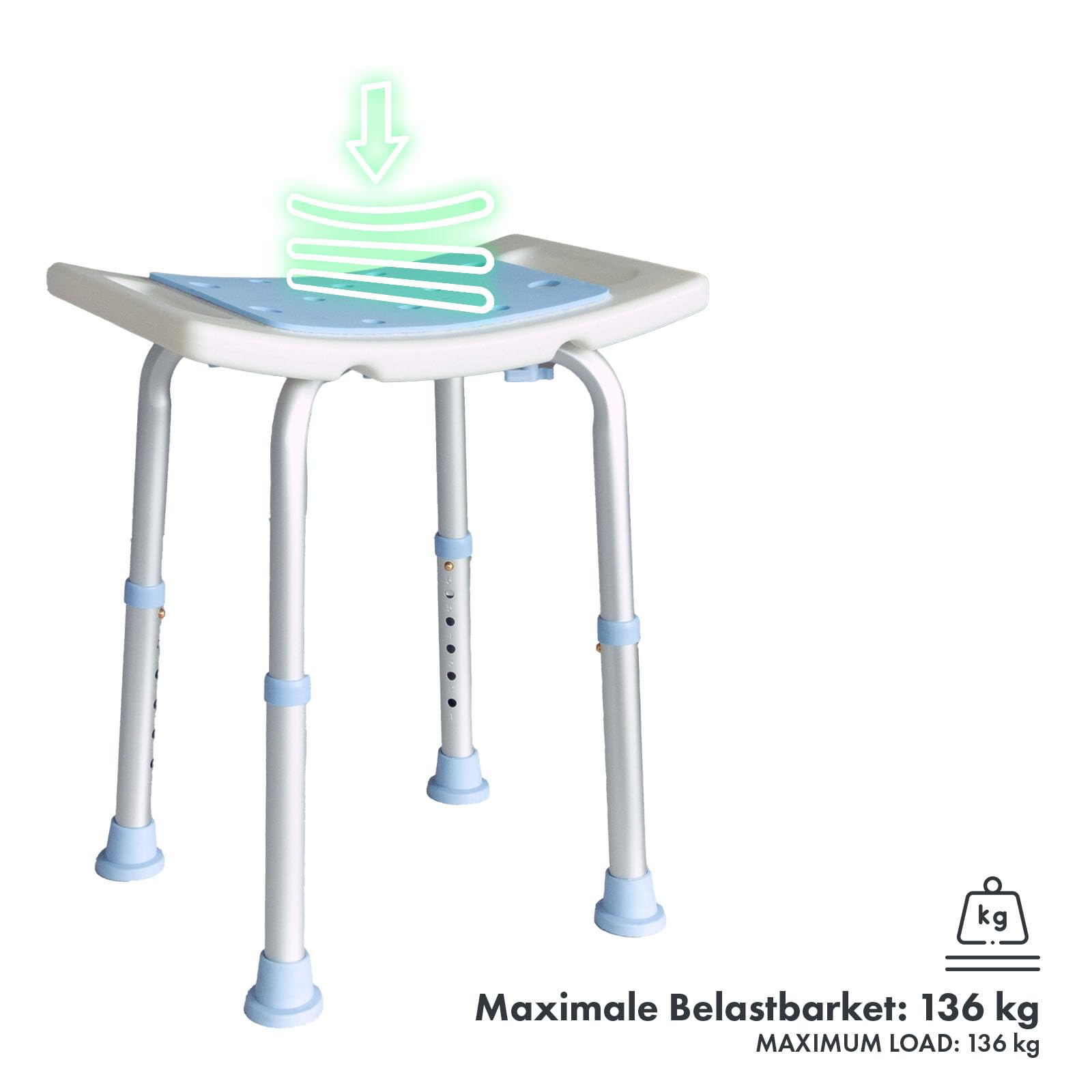 Floordirekt Taboret prysznicowy Nora – krzesło prysznicowe z regulacją wysokości 37,5-49,5 cm – obciążenie do 136 kg