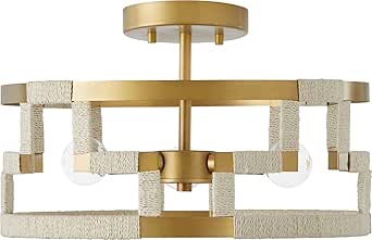 Capital Lighting 241031NL Hala Modern Greek Key Inspired Bleached Natural Jute Drum Convertible Pendant/Semi Flush Ceiling Light Fixture, 3-Light 180 Total Watts, 6" H x 15" W, Patinaed Brass