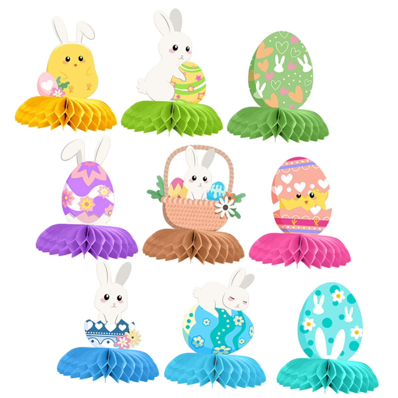 VICASKY 3 Set Palline Pasquali A Nido d'Ape di Pasqua Pasquale Venni Pulcino Kit Easter Bunny Easter Egg Toppers da Tavolo Pasquali Puntello di Carta Decorativa 9 Pezzi * 3