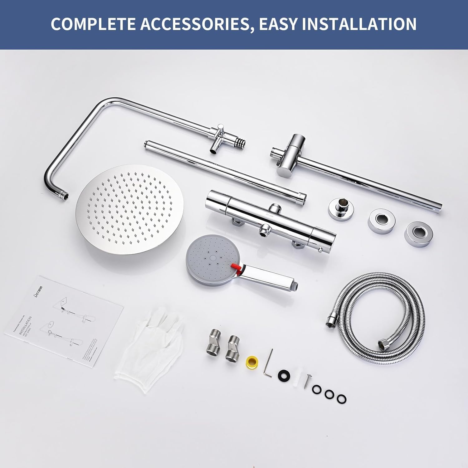 Colonna Doccia Termostatica con Miscelatore, DETBOM Set Doccia in Acciaio Inox 304 - Soffione Pioggia 25cm + Doccetta 3 Jet Autopulente, Kit Completo con Tubo 1.5m e Staffa Regolabile, Rotondo