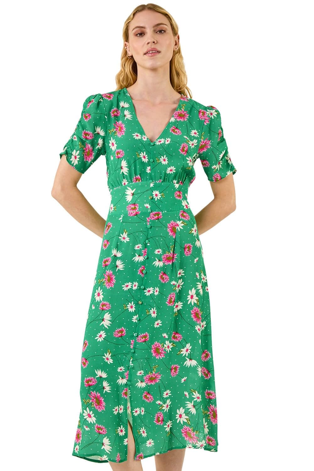 Roman Originals Women's Floral Green Swing Tea Dress Uk Skater Midi A Line Fit & Flare Summer Casual Smart Cocktail Party Going Out Work Cruise Button Through Long Pocket - Size 12