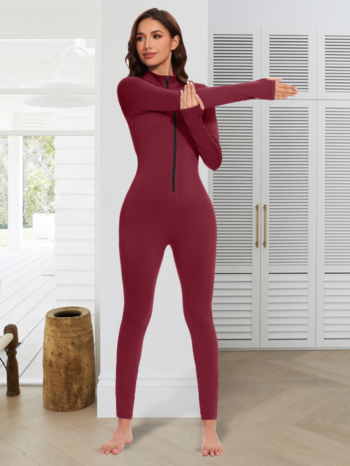 VUTRU Mono deportivo para mujer, largo y ajustado, de cuello alto, con cremallera, forro polar, una pieza, sexy, para yoga