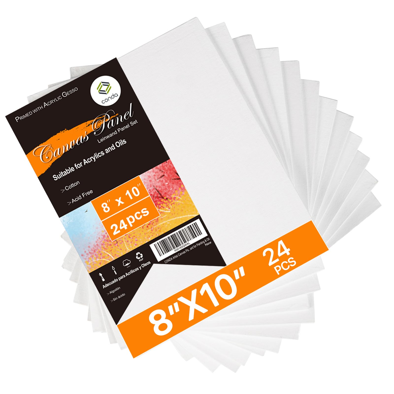 CONDA Canvas Board 8 x 10 inch, 24 Pack Canvases for Painting, 100% Cotton Canvas for Drawing, Gesso Primed Acid-Free, Artist Canvas Panels for Acrylic, Pouring & Oil Painting
