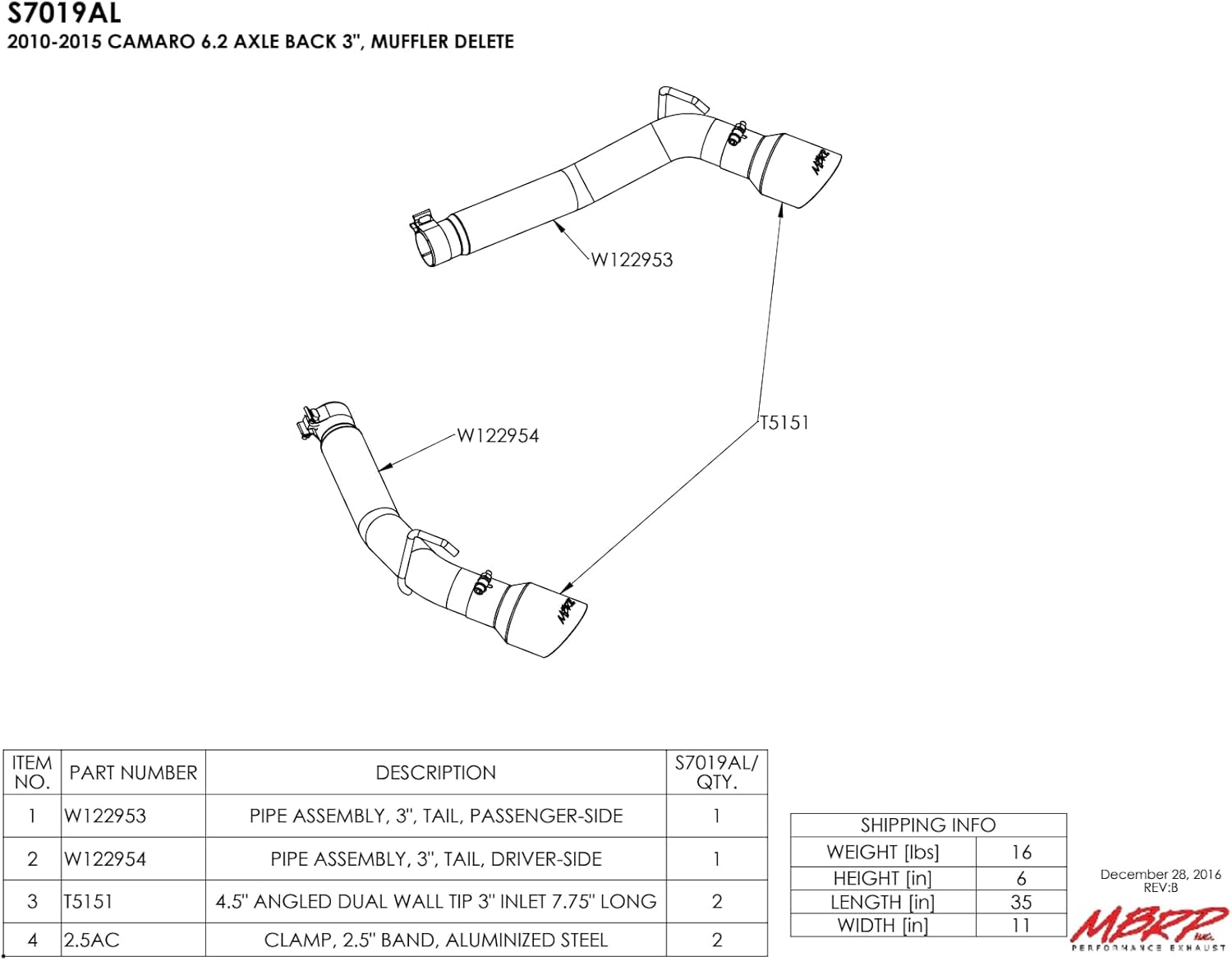 MBRP S7019AL 3" Axle Back Muffler Delete (Aluminized Steel)