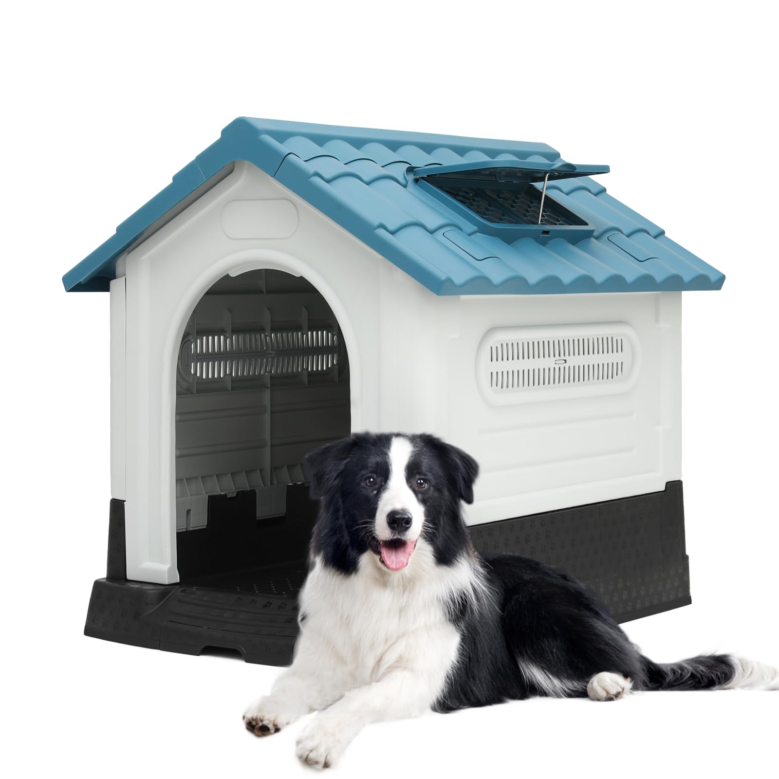 MoNiBloom Niche Isolante Facile à Nettoyer avec Tapis et Plateau, Niche d'extérieur Durable pour Chiens de Petite, Moyenne et Grande Taille, cabane imperméable avec Sol surélevé et aérations, 76 x 59