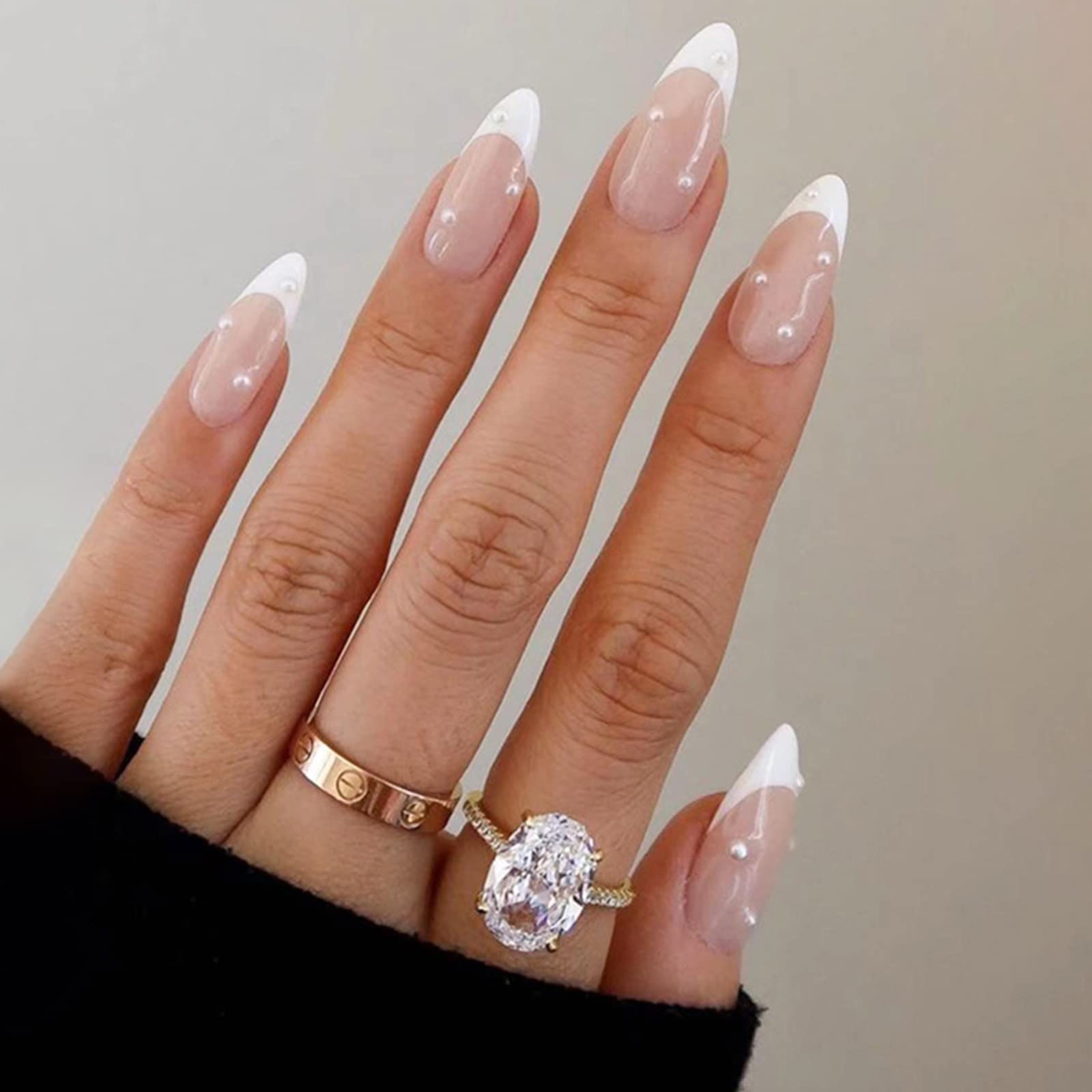 Almond Press on Nails Medium with White Pearls Designs, Reusable Glossy Stick Full Cover On Fake False Nail, 24 Pcs French Tip Acrylic Press on Nails with Nail Glue for Women Y-17